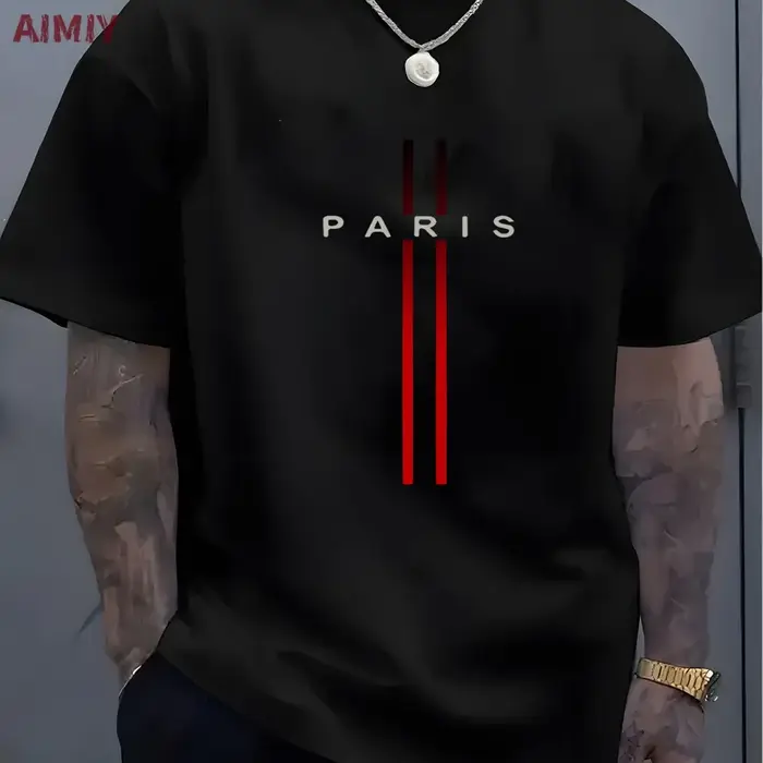 T-shirt à Manches Courtes et Col Rond pour Homme, Haut Décontracté, Imprimé de Lettres PARI, Été