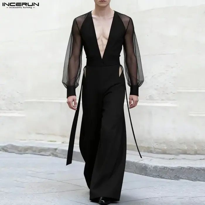 Combinaisons pour hommes INCERUN, style streetwear, à manches longues, col en V, transparentes, avec
