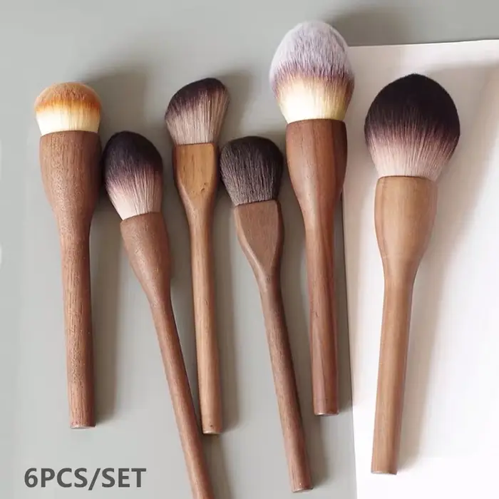 Pinceau de maquillage Vintage avec manche en bois, 6 pièces, haute qualité, noyer, poudre libre, fon