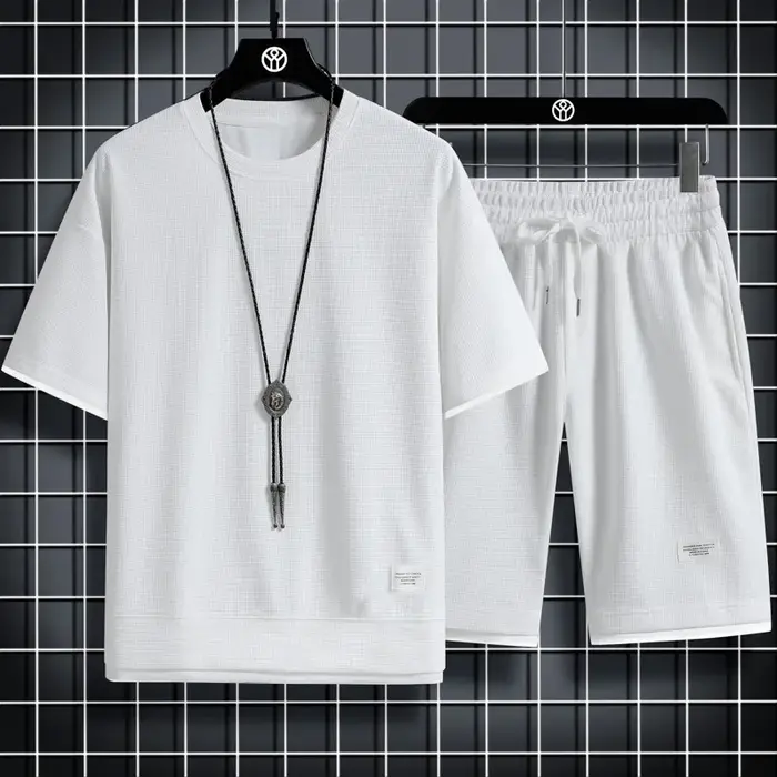 Ensemble de sport d'été pour hommes, T-Shirt + Short décontracté, couleur unie gaufrée, Short à manc