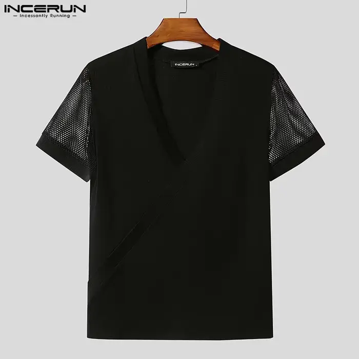 INCERUN hommes t-shirt maille Patchwork col en V à manches courtes hommes t-shirt hauts été Streetwe