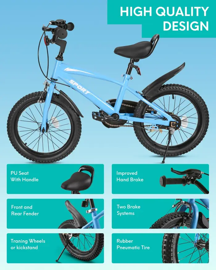 Vélo pour enfants avec roues d'entraînement et support de déclinaison, vélo pour enfants, freins à m