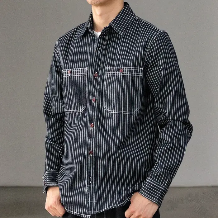 Chemise à rayures en Denim pour hommes, rétro américain, poids lourd, broderie Cargo, mode masculine