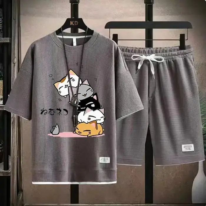 Ensemble gaufré d'été pour hommes, marque à la mode, t-shirt et short décontractés, ensemble de spor