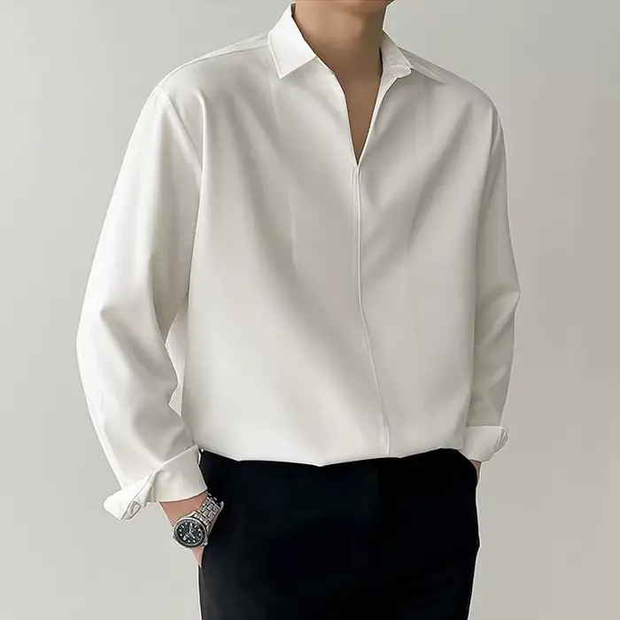 Nouveau coréen col en V hommes chemises de luxe décontracté Style tombant mince couleur unie à manch