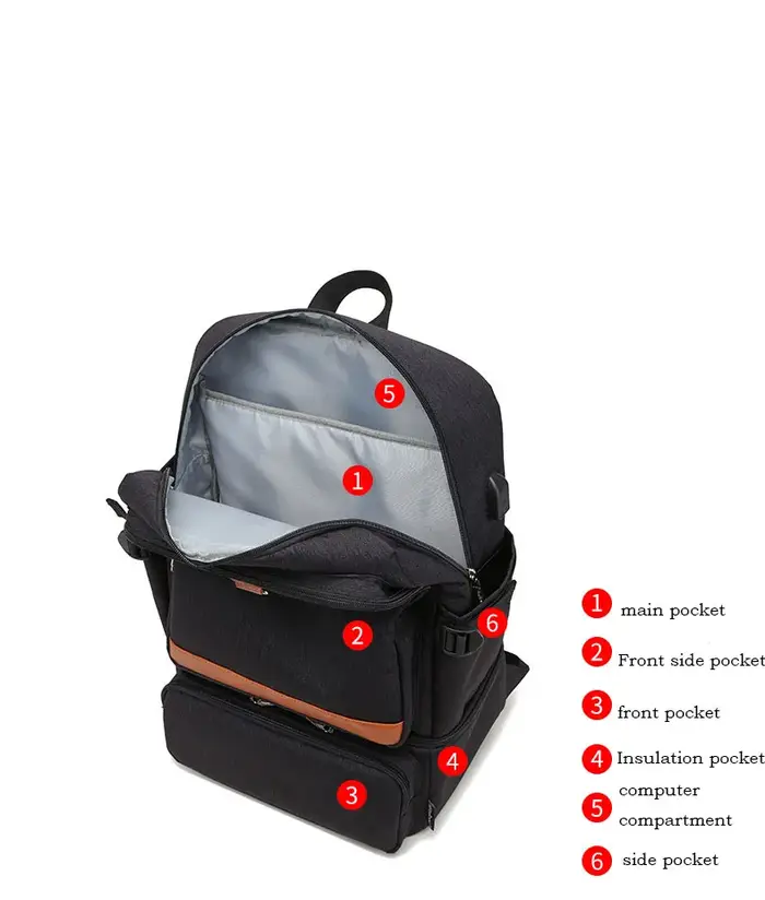 Sac à dos isotherme noir pour ordinateur portable, sacs isothermes, compartiment USB, sacs à dos éta