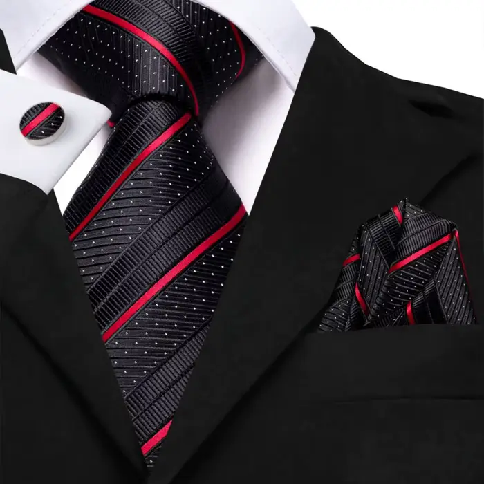 Cravate de mariage rayée noire et rouge pour homme, avec pochette de costume et boutons de manchette