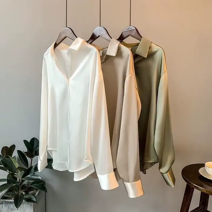 Soie coréenne bureau dames chemise élégante Blouse femmes mode boutonné chemise en Satin Vintage bla