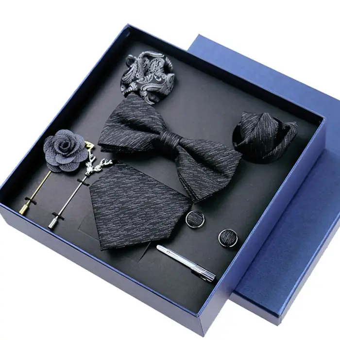 Ensemble de 8 pièces d'affaires, cravates bleues pour hommes, broches florales, boutons de manchette