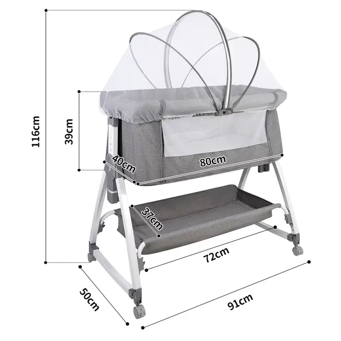 Lit d'appoint Cododo, 3 en 1, Lit de Bébé, Berceau avec Matelas, Hauteur Réglable 6 Niveaux, Inclina