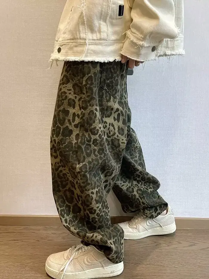 Jean léopard Tan pour homme, pantalon en Denim, surdimensionné, jambes larges, Streetwear, Hip Hop, 
