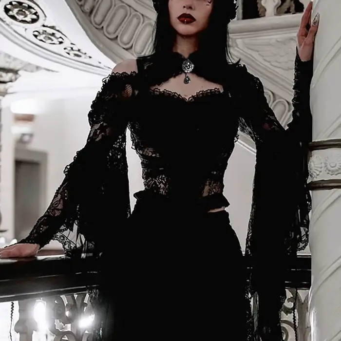 Punk boléro haussement d'épaules Top Trad Goth châles noirs manches évasées couverture enveloppes po