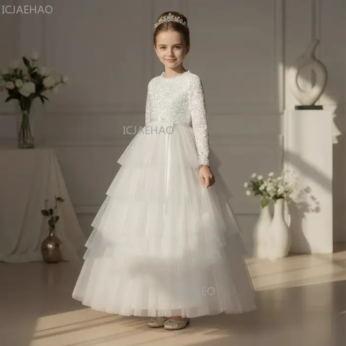 Robes de cérémonie blanches pour filles, style princesse, avec jupe à volants, pour fête, anniversai