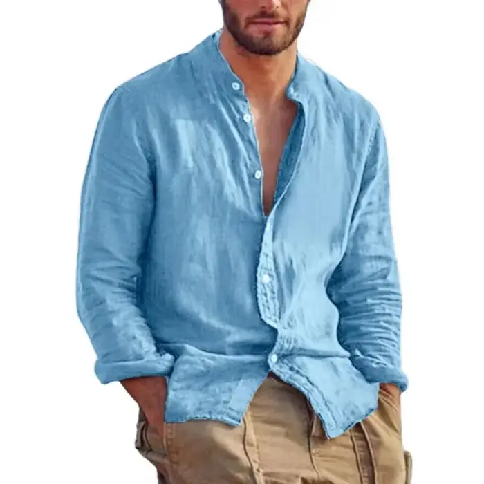 Chemise en lin à manches longues pour hommes, col montant, chemises légères décontractées pour homme