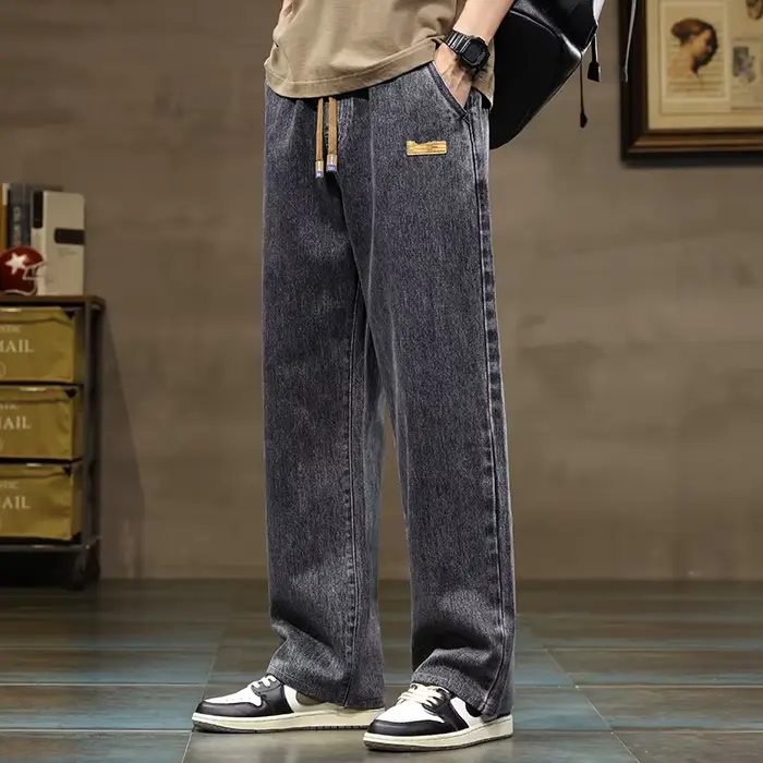 Jean ample à jambes droites pour hommes, bleu et gris, avec cordon de serrage, Streetwear décontract