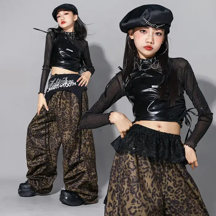 Vêtements K-pop pour filles, haut court en maille, pantalon camouflage, costumes hip hop, streetwear