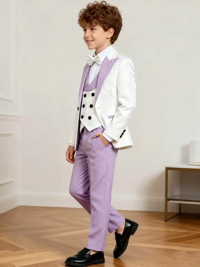 Vente chaude de luxe lilas blanc Jacquard garçons costume ensemble 4 pièces 3-14 ans coupe ajustée v
