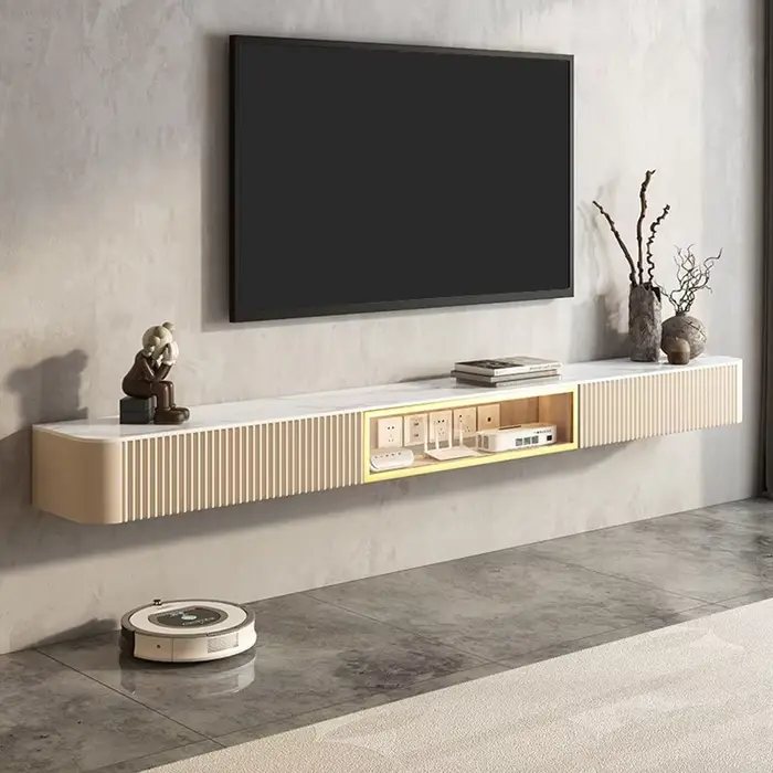 Ensemble de meuble TV flottant de luxe en ardoise, meuble TV minimaliste mural et Table basse, Solut