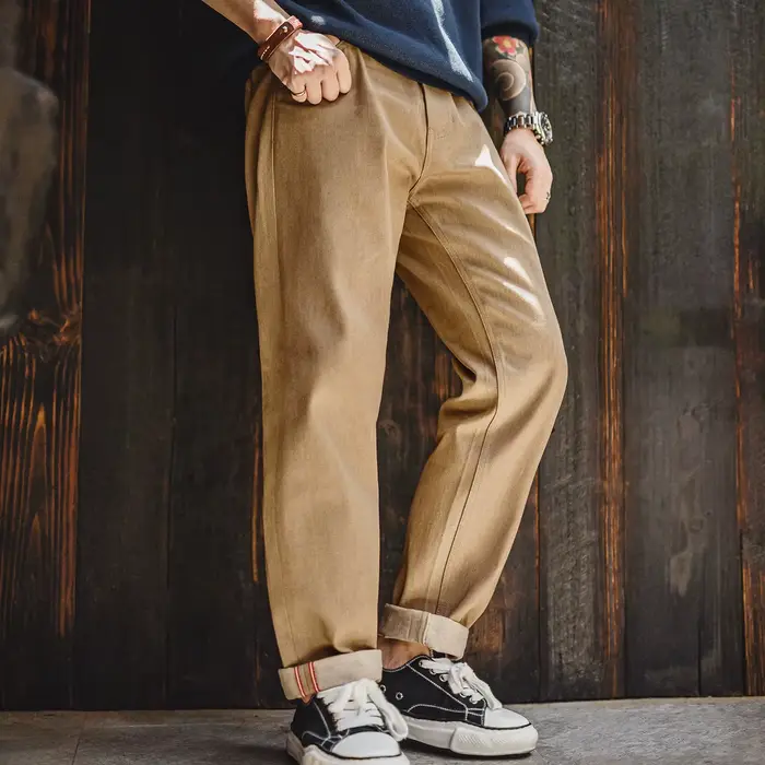 Maden 11.7oz lisière brut jean Vintage hommes kaki jambe droite Cowboy pantalon décontracté Zip mouc
