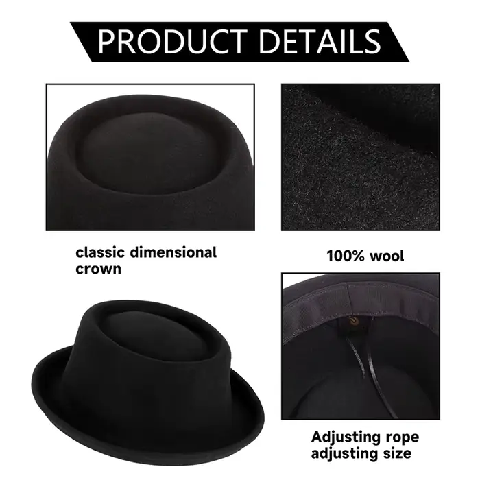 GEMVIE-Chapeau Classique en Feutre Doux pour Homme et Femme, Fedora à Bord Incurvé, 100% Laine, Auto
