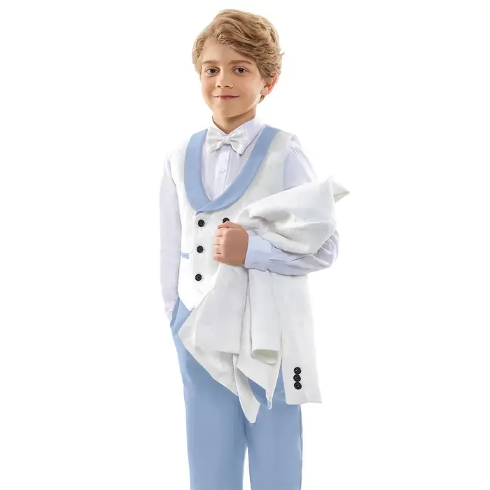 Costume formel classique 4 pièces pour garçons, blanc et bleu ciel contrasté, blazer, gilet et panta