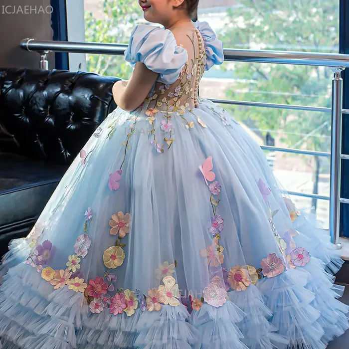 Robe de soirée bleue pour filles, robe de princesse en tulle longue pour l'Aïd, tenue de performance