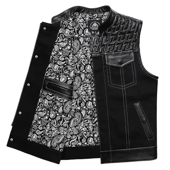 SOA-Gilet de motard en cuir de vachette pour homme, veste en cuir de moto, veste en jean patchwork, 