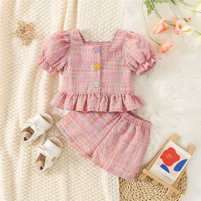 (0-3 ans) été bébé fille coton couleur Plaid bulle manches haut et short ensemble mignon princesse S