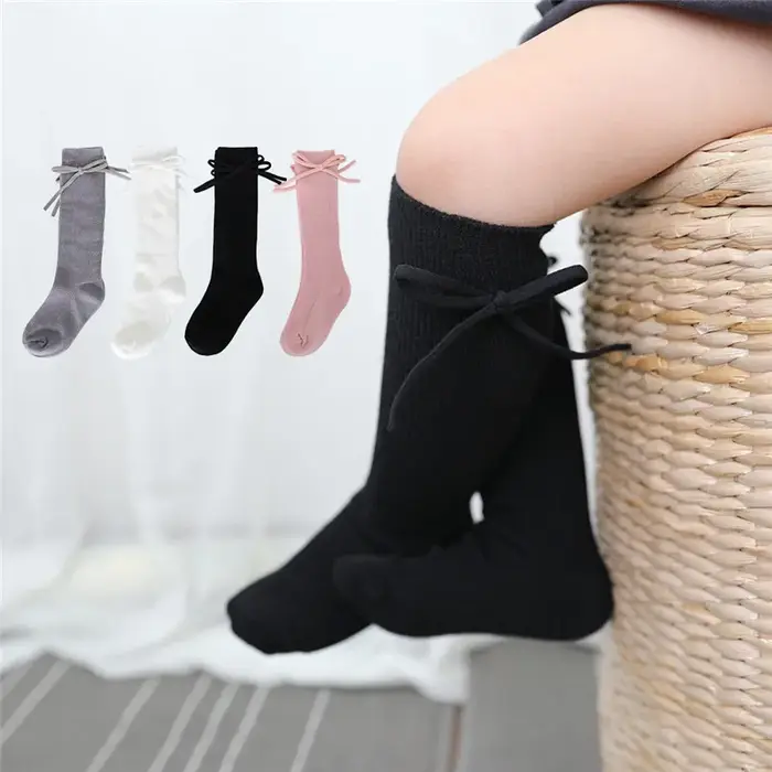 Chaussettes hautes pour enfants de 0 à 7 ans, chaussettes plates et longues avec nœud papillon, en c