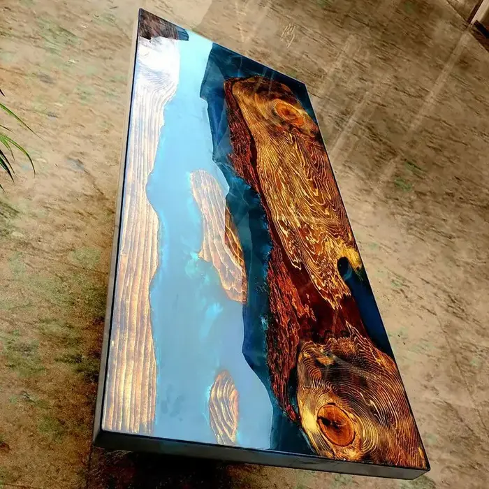 Table en résine époxy, grande planche en bois massif, fabricant de thé, thé, carré, café, rivière