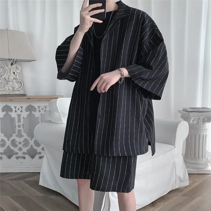 Veste et short de survêtement de Style coréen pour hommes, ensemble 2 pièces, costume de sport à ray