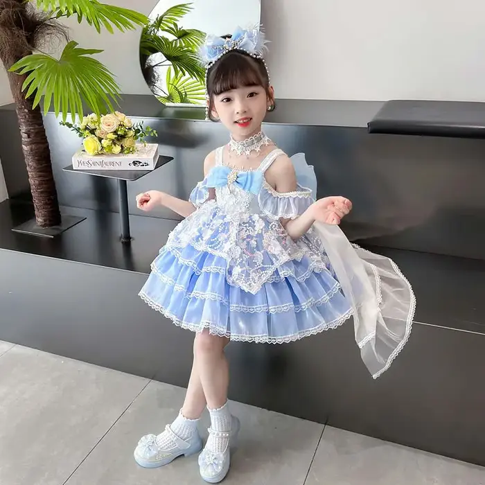Robe d'été en dentelle pour petites filles, avec nœud bleu, brillante, princesse, robe de bal, gâtea