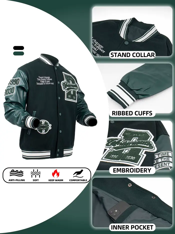 Veste de baseball pour homme, taille plus, veste bomber, manches en simili cuir, printemps/automne, 
