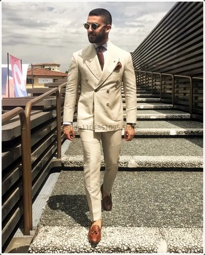 Costume décontracté pour hommes, couleur beige, costume de plage, costume de mariage, coupe slim, en