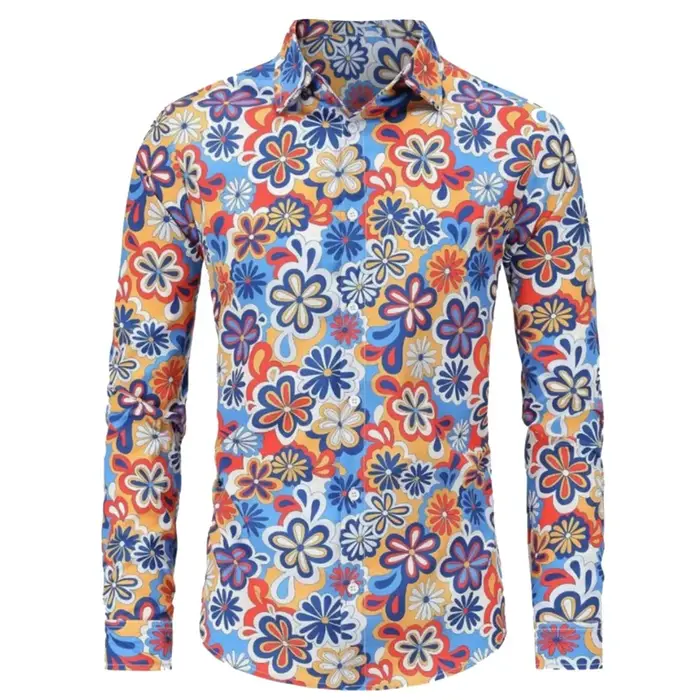 Chemises à manches longues pour hommes Hippie années 70 Disco Hip Hop bouton fleur rétro chemise à m