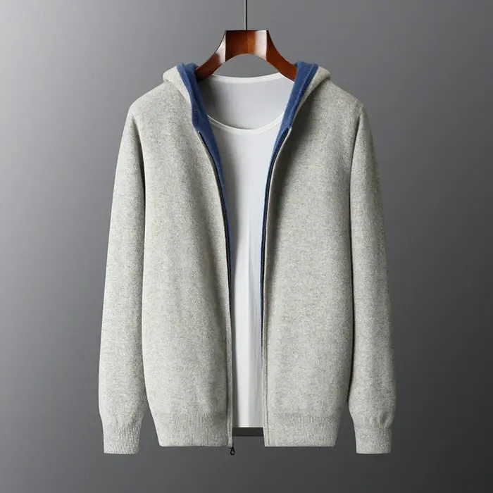 Épais à capuche hommes fermetures éclair Pure laine pull Cardigan automne hiver 100% laine tricots D