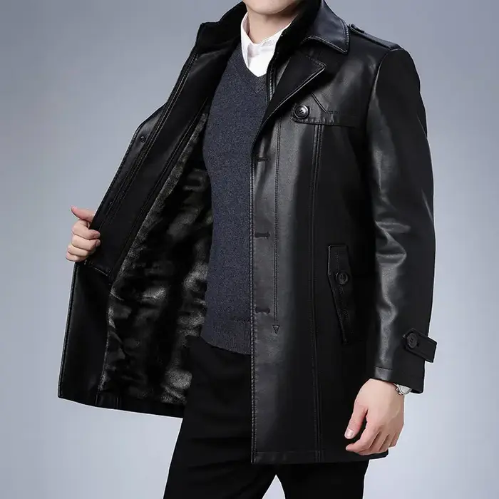 Veste d'hiver en cuir polaire pour hommes, costume d'affaires mi-long décontracté avec col coupe-ven