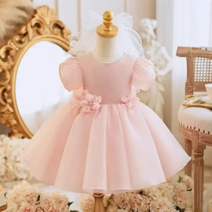 Robe de Rhen tulle rose à manches bouffantes pour filles, robes de princesse à fleurs 3D mignonnes, 