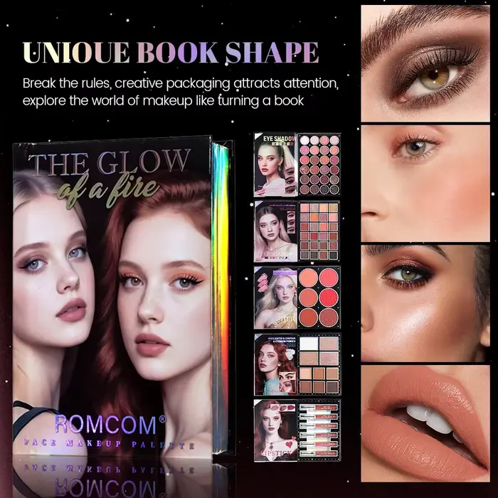 livre magique de maquillage, y compris ombre à paupières, brillant à lèvres, fard à joues en poudre,