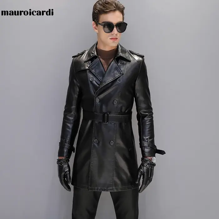 Mauroicardi automne noir Faux cuir Trench manteau hommes à manches longues ceinture Double boutonnag