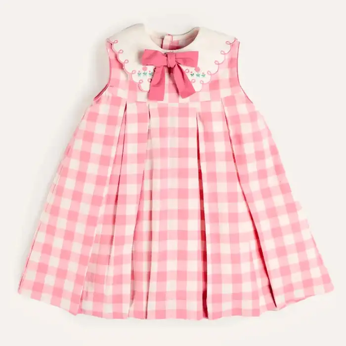 Robe rose à carreaux brodée sans manches pour fille, tenue mignonne pour les vacances d'été, robes p