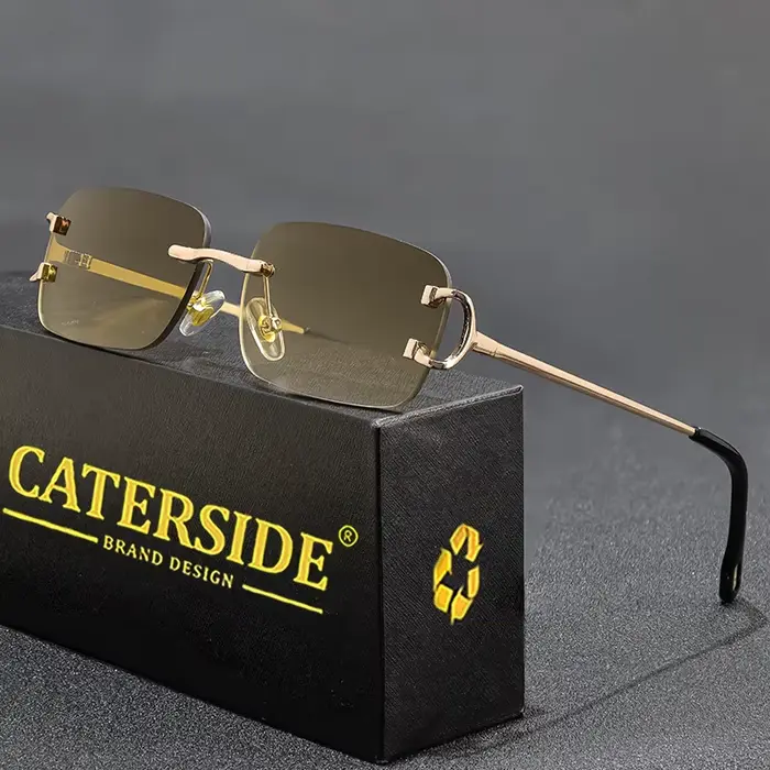 CATERSIDE bleu rectangulaire lunettes de soleil hommes sans monture en métal mode carré lunettes de 