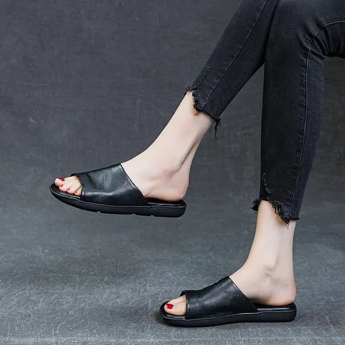DRKANadvocate-Pantoufles en cuir véritable pour femmes, pantoufles d'été ouvertes, à enfiler, pour l
