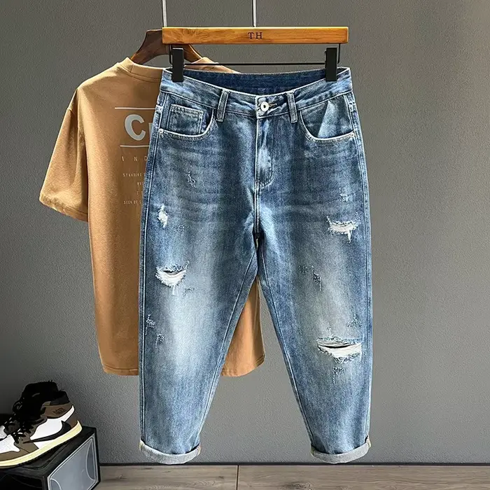 Jean Déchiré à Trous Coniques pour Homme, Denim Effiloché, Vintage, Décontracté, Bleu, Nouvelle Coll