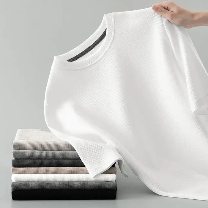 1 pièces hommes T-Shirt d'été homme à manches courtes gaufré solide T-Shirt mâle couleur unie T-Shir