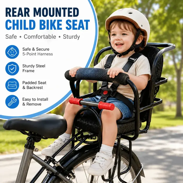 Siège de sécurité pour enfant avec selle, accoudoirs et pédales pour VTT et vélos électriques pour une expérience de conduite sécurisée et amusante