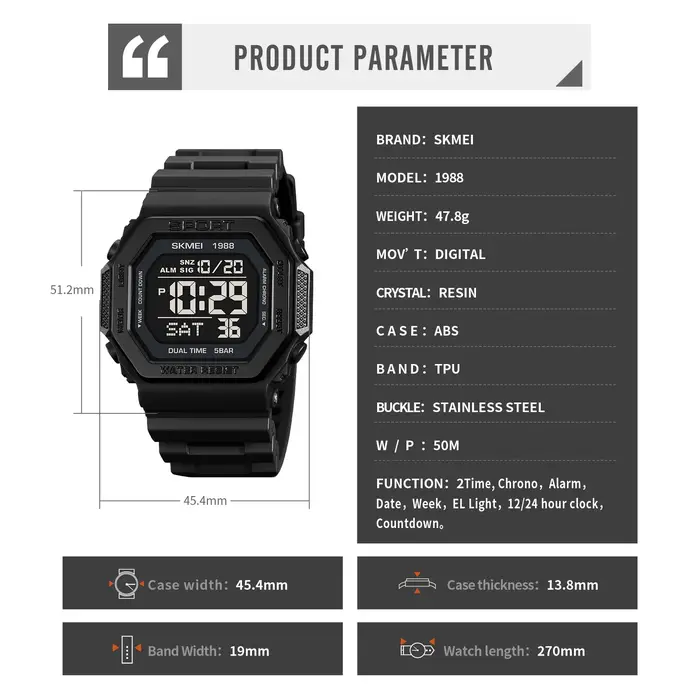 SKMEI 1988 montre de sport numérique pour hommes LED affichage militaire compte à rebours montres ét