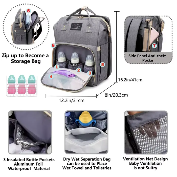 Sac à langer léger et portable avec lit pliant intégré, grande capacité, sac de voyage pour maman, s
