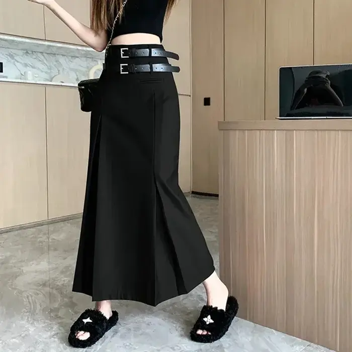 Jupe Midi à Double ceinture pour femmes, mode coréenne, taille haute, décontractée, assortie avec to