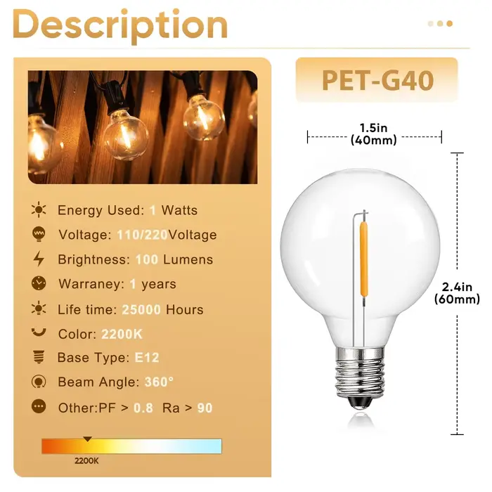 Guirlande lumineuse G40 incassable 220V 110V LED pour extérieur, étanche, connectable, décoration fe